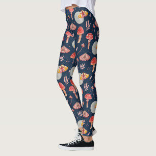 Magic moth and mushroom pattern. Woodland night Leggings