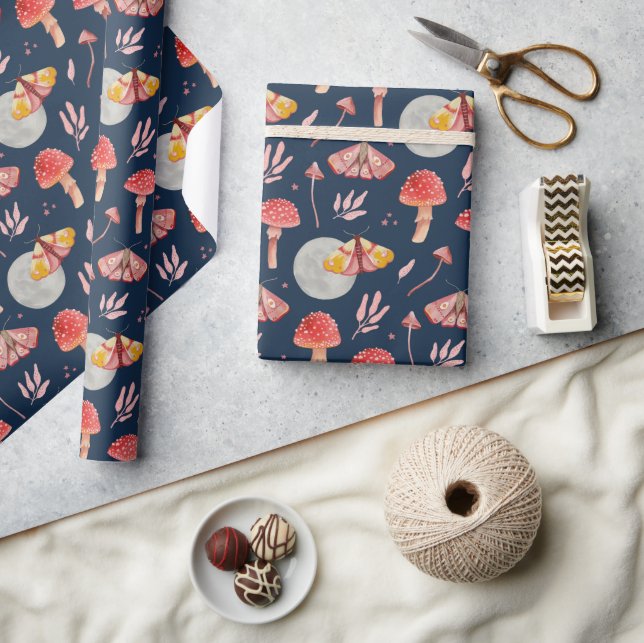 Magic moth and mushroom pattern. Woodland night Wrapping Paper (Crafts)