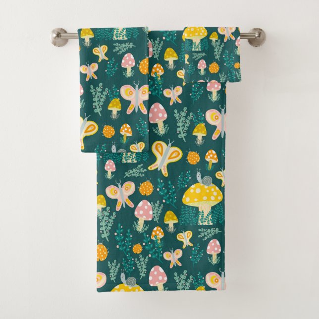 Magic Mushrooms Cute Butterflies Snails Ladybugs Bath Towel Set (Insitu)