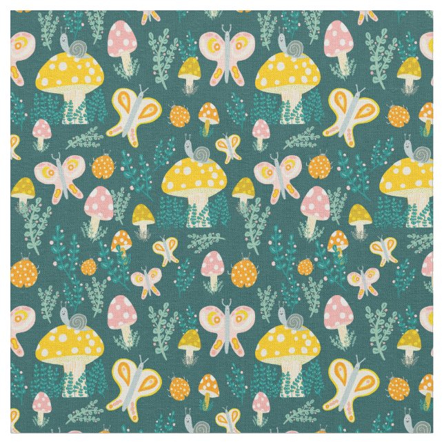 Magic Mushrooms Cute Butterflies Snails Ladybugs Fabric (Close Up)