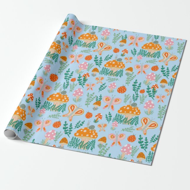 Magic Mushrooms Cute Butterflies Snails Ladybugs Wrapping Paper (Unrolled)