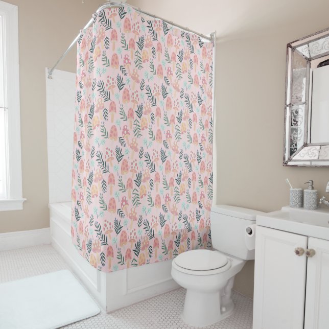 Magic Mushrooms Forest Pattern Pink Green Shower Curtain (In Situ)