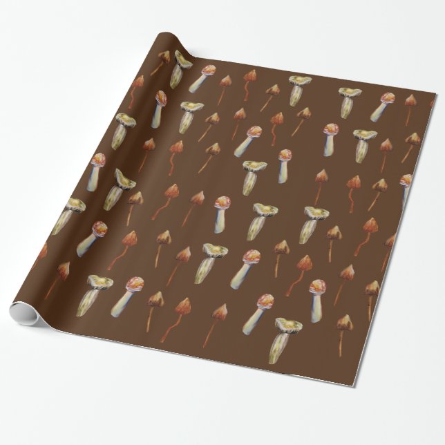 Magic Mushrooms Species Watercolor Art Wrapping Paper (Unrolled)