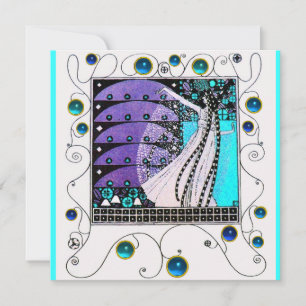 MAGIC OF THE SPRING,bright purple black aqua blue Invitation