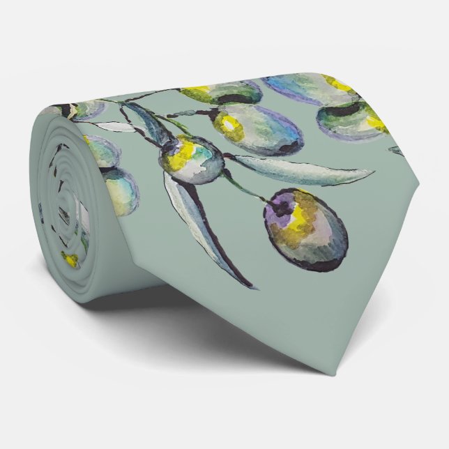 Magic Olive Watercolor Hand-painted Pastel Green Tie (Rolled)