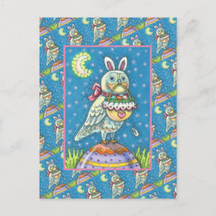 MAGIC OWL & EASTER BASKET, WHIMSICAL FOLK ART BIRD HOLIDAY POSTCARD