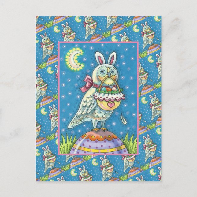 MAGIC OWL & EASTER BASKET, WHIMSICAL FOLK ART BIRD HOLIDAY POSTCARD (Front)