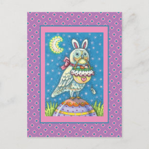 MAGIC OWL & EASTER BASKET, WHIMSICAL FOLK ART BIRD HOLIDAY POSTCARD