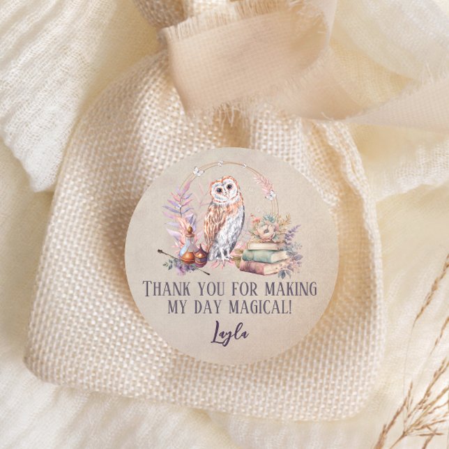 Magic Owl Girl Wizard Thank You Classic Classic Round Sticker (Creator Uploaded)