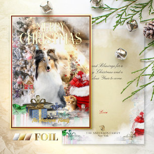 Magic Pets Christmas, Blue Merle Collie & Kitten - Foil Holiday Card