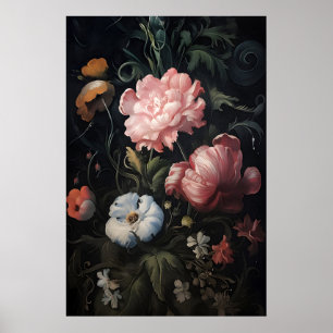 Magic pink flowers in garden print, botanical dark poster