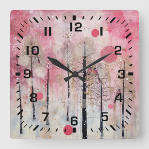 Magic Pink Winter Songbird Sanctuary Square Wall Clock