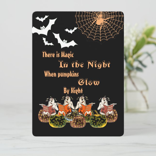  Magic Pumpkins Glow By Night Halloween Ghosts Fun Holiday Card (Standing Front)