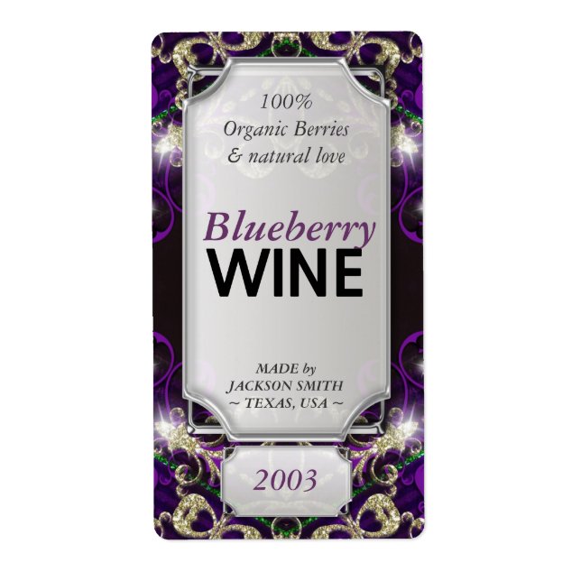 Magic Purple Gold Custom Text Wine Bottle Labels (Front)