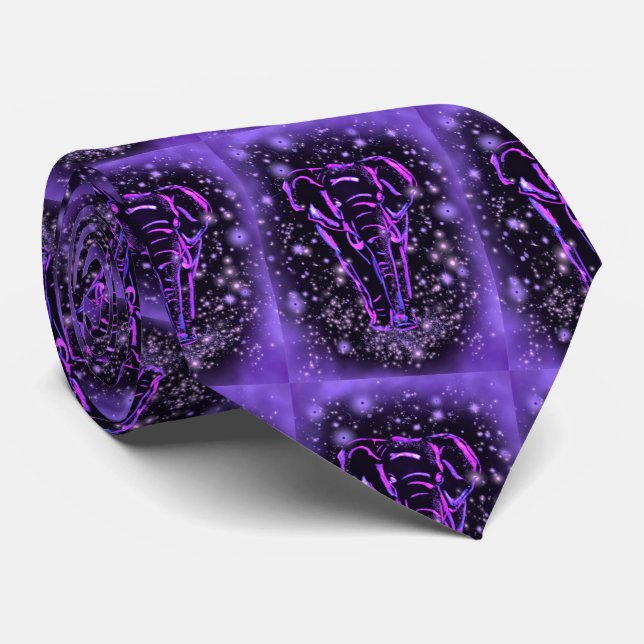 Magic Purple Pink Elephant Walking At Starry Night Tie (Rolled)