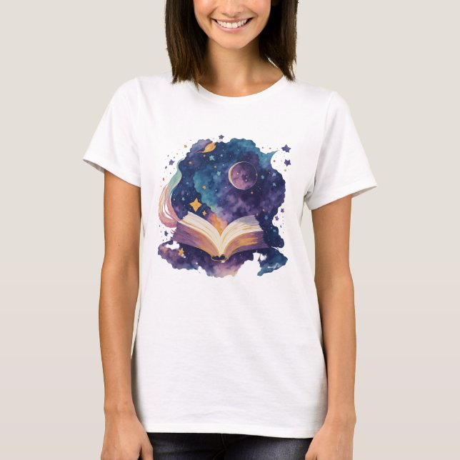 Magic Reading In The Night Watercolor Book T-Shirt (Front)