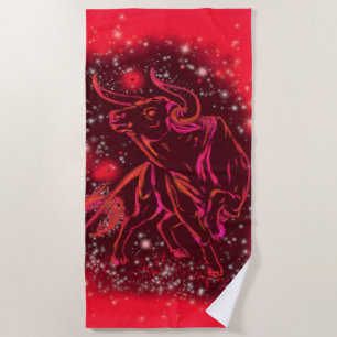 Magic Red Neon Bull Running - Amazing Starry Night Beach Towel