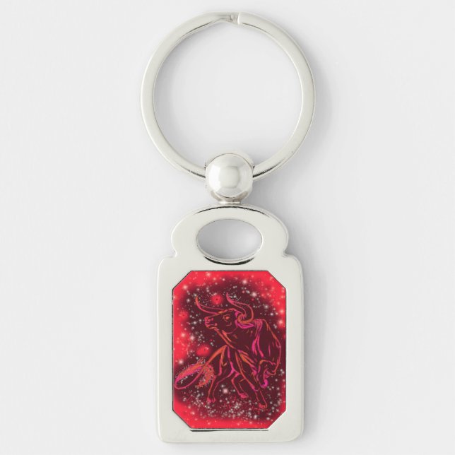 Magic Red Neon Bull Running - Amazing Starry Night Key Ring (Front)