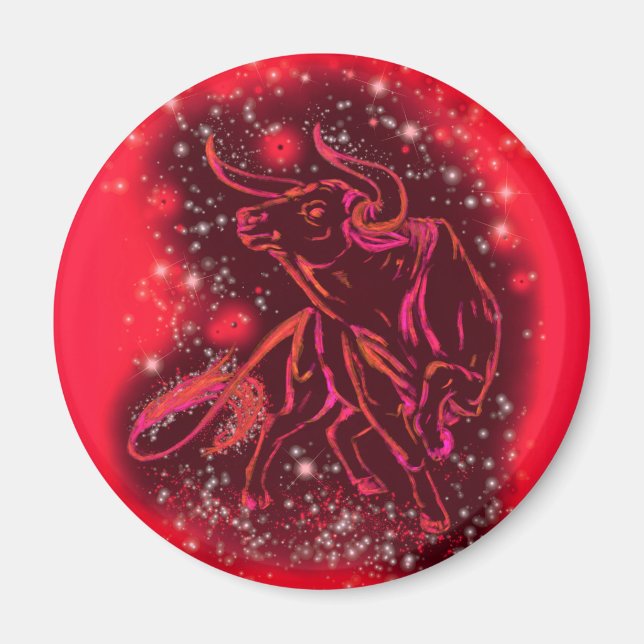 Magic Red Neon Bull Running - Amazing Starry Night Magnet (Front)