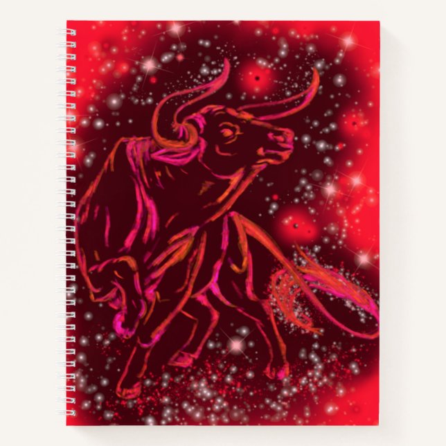Magic Red Neon Bull Running - Amazing Starry Night Notebook (Front)