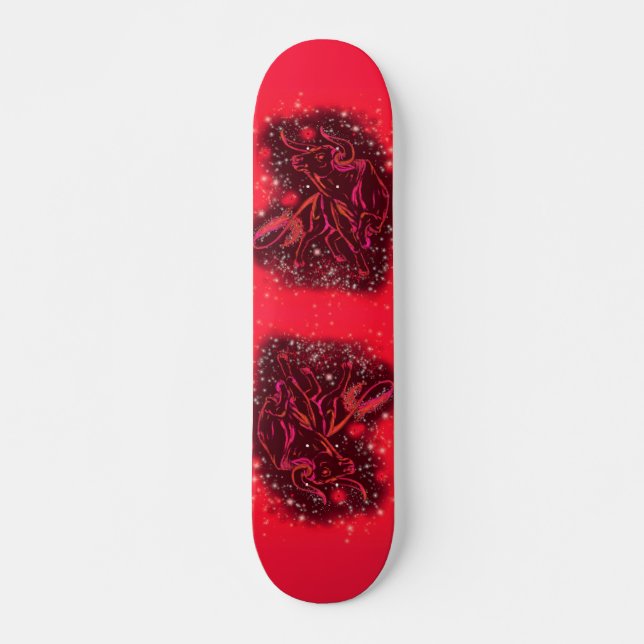 Magic Red Neon Bull Running - Amazing Starry Night Skateboard (Front)