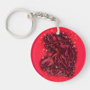 Magic Red Neon Bull Running At Starry Night Key Ring
