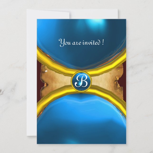 MAGIC RINGS ,MONOGRAM parchment gem blue Invitation (Front)