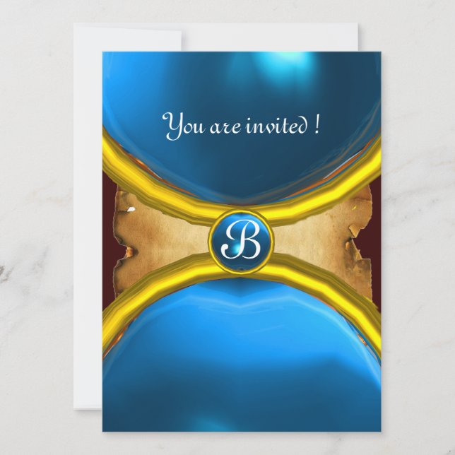 MAGIC RINGS ,MONOGRAM parchment gem blue Invitation (Front)