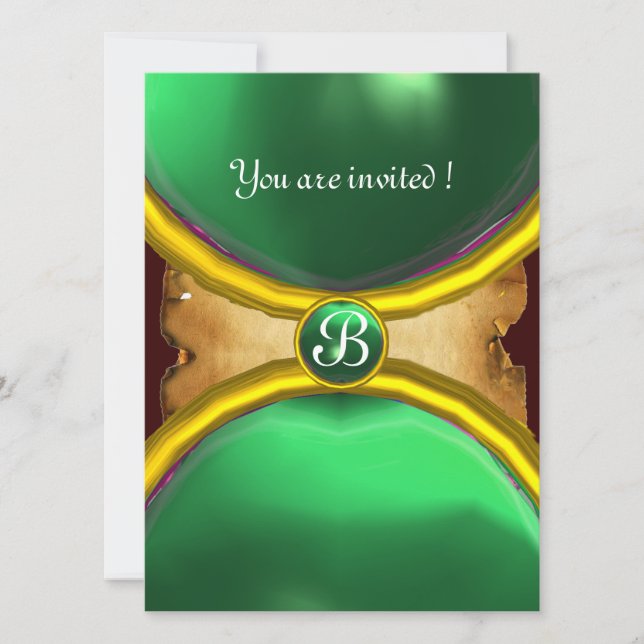 MAGIC RINGS ,MONOGRAM parchment gem green Invitation (Front)