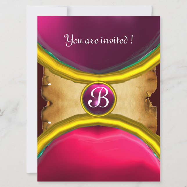 MAGIC RINGS ,MONOGRAM parchment gem pink Invitation (Front)