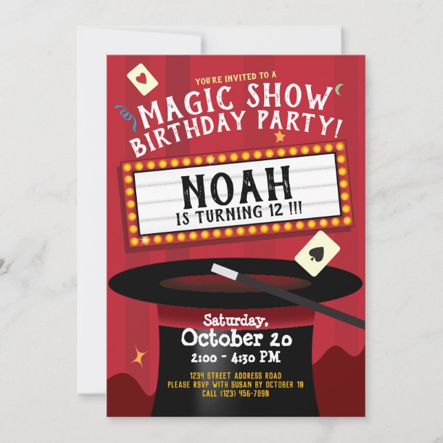 Magic Show Birthday Party Invitation Marquee & Hat (Front)