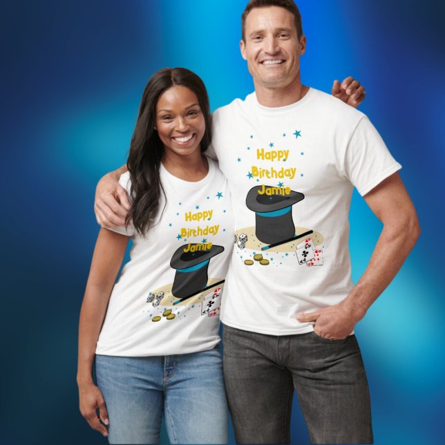 Magic Show Birthday Theme Party Parent  T-Shirt (Magic Show Birthday Theme Party Parent T-Shirt, Hat, Wand, Coins, Dice, Cards, Stars, Happy Birthday)