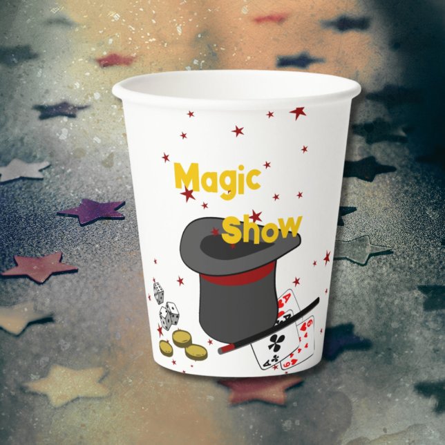 Magic Show Black White Red Birthday Party Paper Cups (Magic Show Black White Red Birthday Party Paper Cups, Black, White, Red, Custom Text, Color)