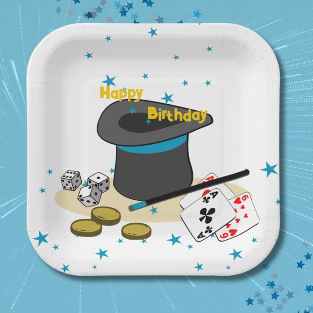 Magic Show Happy Birthday Kids Party Square Paper Plate (Magic Show Happy Birthday Kids Party Square Paper Plates, Blue Stars)