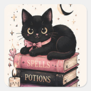 Magic Spell Books Witchy Black Cat Square Sticker