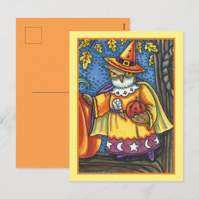 MAGIC SPELLS AND HALLOWEEN HOOTS, OWL WIZARD HOLIDAY POSTCARD (Front/Back)