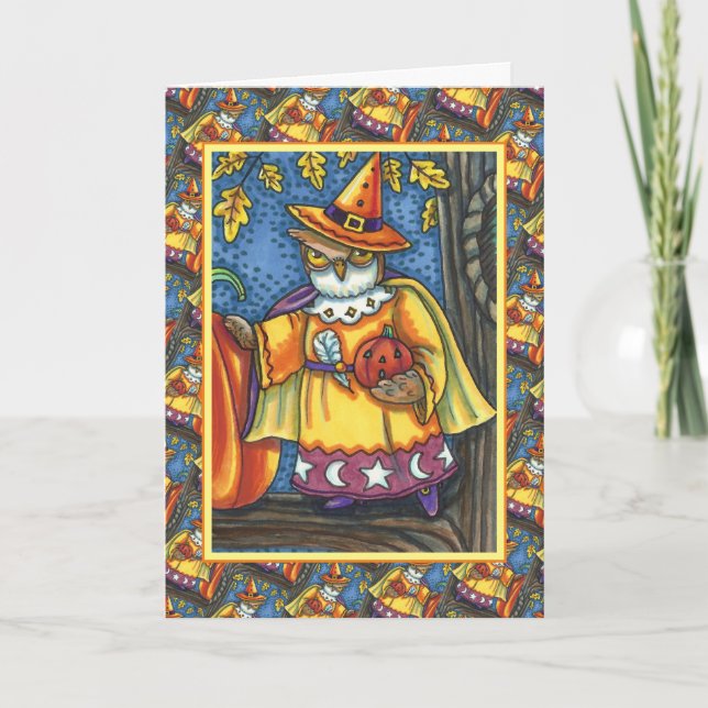 MAGIC SPELLS AND HALLOWEEN HOOTS, OWL WIZARD Text Holiday Card (Front)