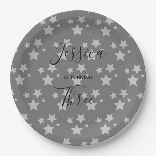 Magic Star birthday Gray Baby Gender Neutral Paper Plate (Front)