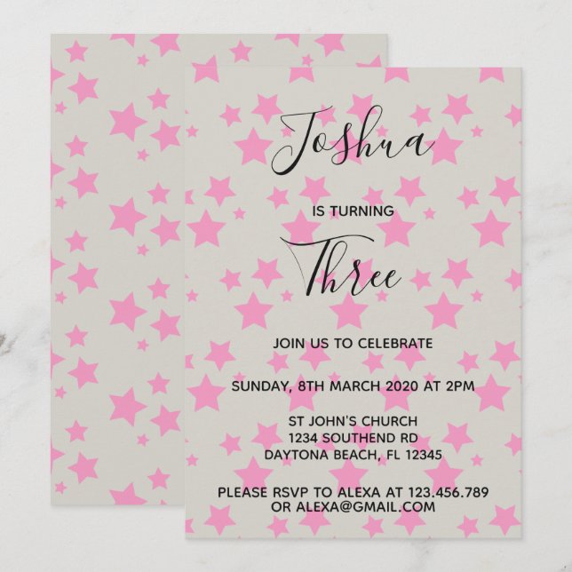 Magic Star birthday invitation Gray Pink (Front/Back)