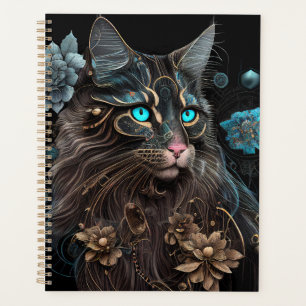 Magic steampunk Maine Coon cat and flowers AI art Planner