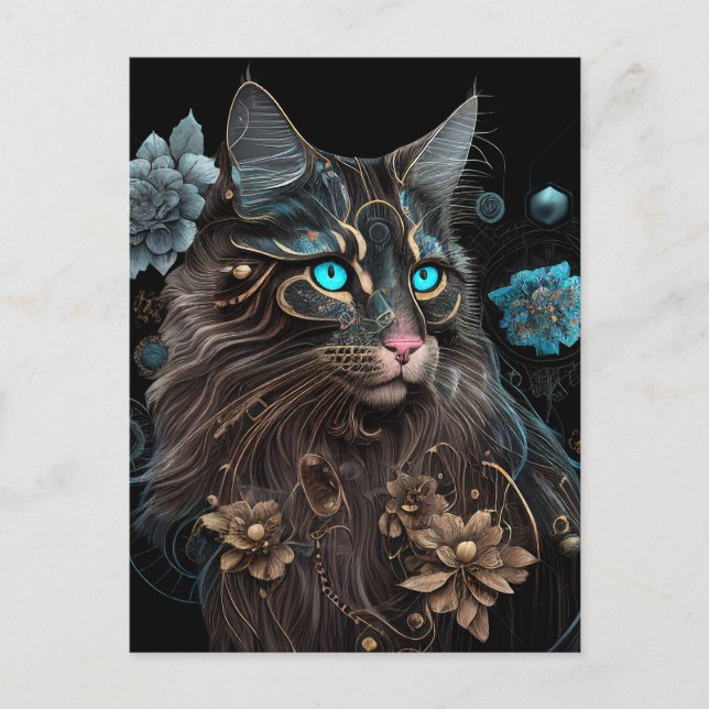 Magic steampunk Maine Coon cat and flowers AI art Postcard (Front)