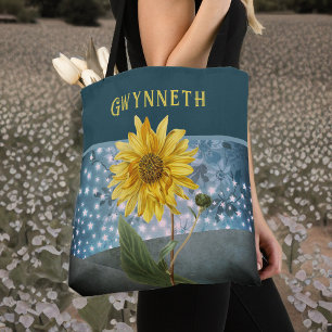 Magic Sunflower with Teal Starry Sky Monogram Tote Bag