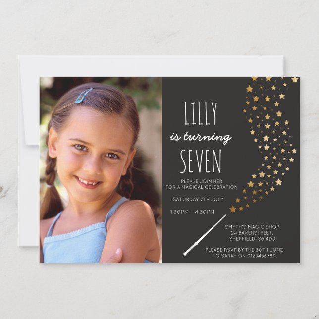 Magic themed photo birthday party invitation (Front)