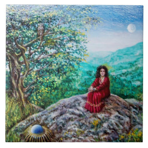 MAGIC TREE / Dawn In Green Wood and Lady in Red Ceramic Tile