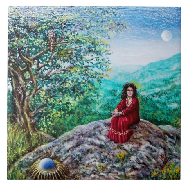 MAGIC TREE / Dawn In Green Wood and Lady in Red Ceramic Tile (Front)