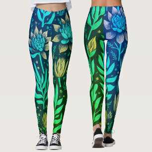 Magic Turquoise Garden Succulents Floral Pattern Leggings