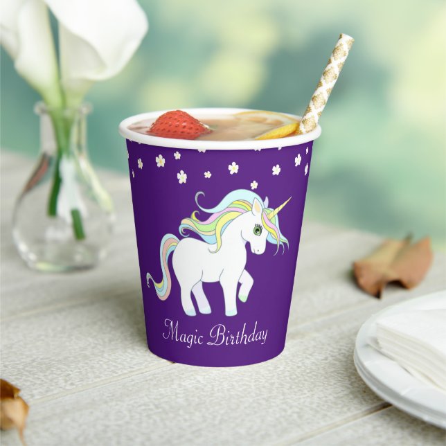 Magic Unicorn and White Flowers on Royal Purple Paper Cups (Insitu)