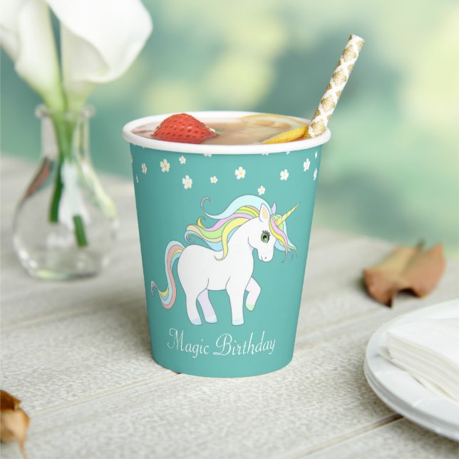 Magic Unicorn and White Flowers on Teal Paper Cups (Insitu)