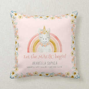 Magic Unicorn Baby Girl Birth Info Watercolor Cushion