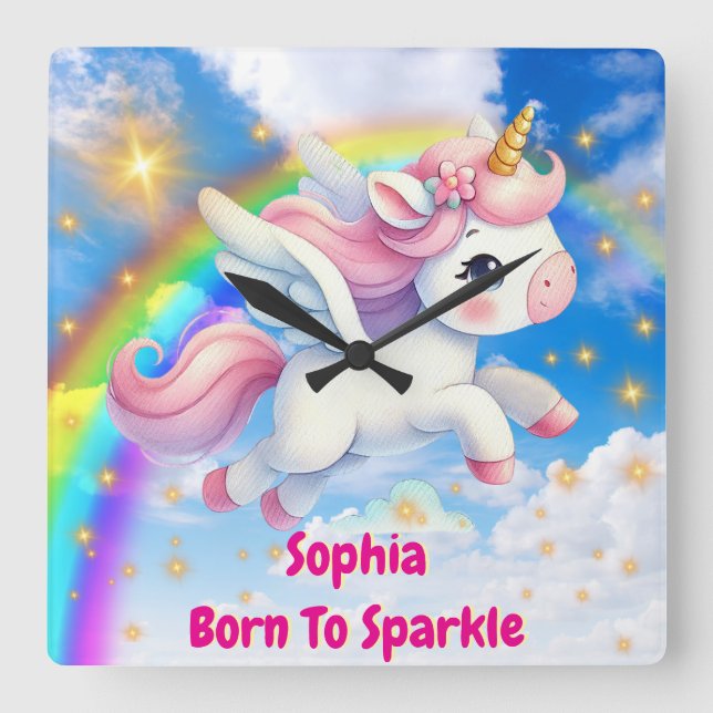 Magic Unicorn Customizable Child's Name Square Wall Clock (Front)